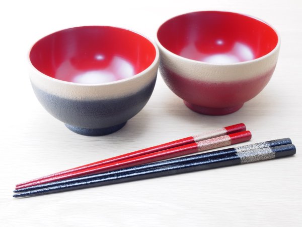 画像5: 夫婦汁椀（箸付）　紋紗塗　二色塗り分け (5)